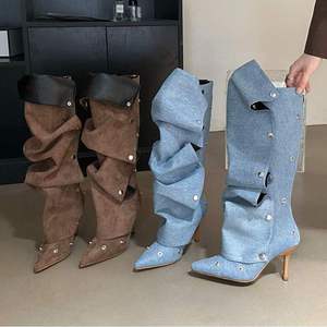 Removable Buttons Decorated Fashion Botas Para Mujer Thin Heel Knee High Denim <b>Boots</b> for Women Shoes - Product Image 1