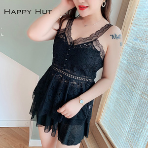 แฮปปี้ฮัทชุดเดรสลำลองคอวีแขนกุดลูกไม้สีดำเอวยางยืดชุดเดรสฤดูร้อนผู้หญิงขนาดบวก N7041 - Product Image 1