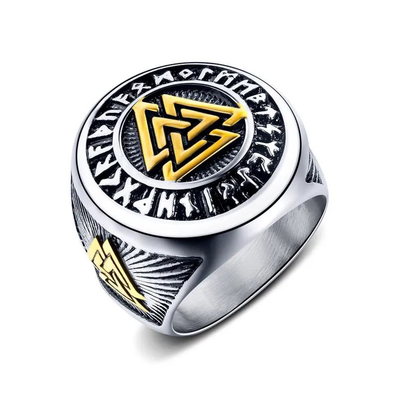 Punk สแตนเลสสตีลไวกิ้งแหวนสำหรับชายชุบทอง Odins สัญลักษณ์ Gothic Skull Biker แหวนเครื่องประดับขนาด7-12ขายส่ง OEM