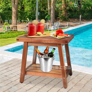 Wangze Teak Bathroom Stool Double Layer <b>Storage</b> Solid Wood Foldable Foot <b>Bath</b> Seat For Bathtub Area - Product Image 2