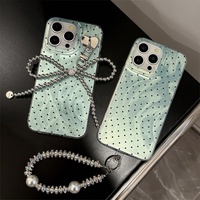 Casing HP Mint Green Polka Dot untuk 18promax dengan Rantai Pita 17 Apple 16 Rantai Perak Keras Motif Gelombang