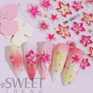 Autocollants pour <span class=keywords><strong>ongles</strong></span> TSZS élégants en relief 5D, orchidée, lys, rose, violet, jaune, motifs floraux, points dorés, pour la création de manucures professionnelles DIY - Product Image 3