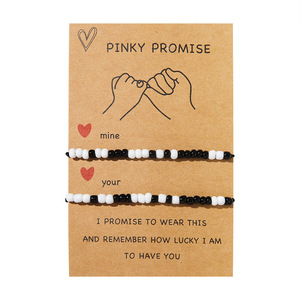 Pinky Promise <b>Bracelet</b> Set Black White Beads <b>Couple</b> <b>Matching</b> Jewelry Anniversary Gift Unisex Adjustable - Product Image 5