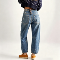 Jean ample en denim pour femme, style bohème, à effet éclaboussures de peinture, coupe baril, à enfiler, longueur cheville, décontracté