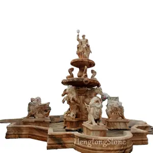 Factory Supply Outdoor Large Pink Marble Carved Lion and Greek Statue Stone Waterfall Fountain