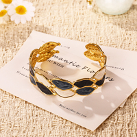 Bracelet manchette ouverte en émail marbré plaqué or 18 carats, motif feuille, style vintage nature, pour femme, bijoux de mode pour les fêtes, vente en gros