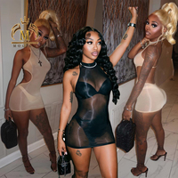 New Trendy Manufacturer Lady Dress Fashion Shiny Mesh See Through Mini Dress Sexy Club Hollow Out Dresses Women Lady Elegant