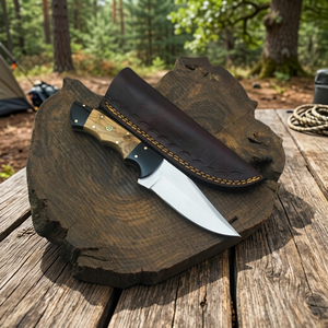 มีดสกินเนอร์สแตนเลส ใบมีดแบบ Fixed Blade ปลายแหลม ยาวรวม 8 นิ้ว ด้ามไม้  บอร์สเตอร์ทำจากเขาสัตว์สีดำ  หนังวัวแท้ - Product Image 3