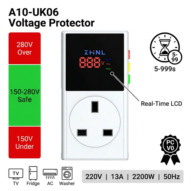 ZHNL Adjustable Over Under Voltage 5-999s Delay Digital Display Smart Relay Plug Voltage Protector for TV Fridge Air Conditioner