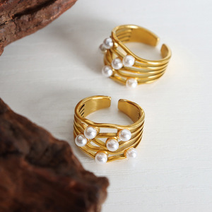Trendy Luxury 18K PVD Gold Plated <b>Stainless</b> <b>Steel</b> Layered Pearl Wavy <b>Ring</b> for Women | Waterproof Hypoallergenic & Non-Fading - Product Image 3