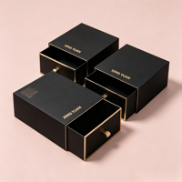 Boîte à tiroir coulissant de luxe personnalisée en deux parties, noir mat, avec fenêtre découpée et estampage à chaud doré pour emballage cadeau de parfum