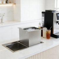 Distributeur de boissons artisanal intégré à un seul bac en acier inoxydable 304 avec compartiment congélateur, design moderne, finition brossée/polie, deux options