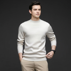 Suéter de Punto para Hombre, Cuello Redondo, Color Blanco Sólido, 100% Algodón, Manga Larga, Casual, Invierno, Corte Regular, Cuello Acanalado - Product Image 5