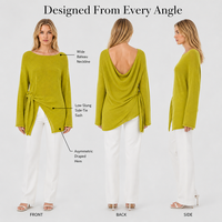 Pull en maille vert automne pour femme, col bateau, ourlet asymétrique, manches longues drapées, tunique décontractée