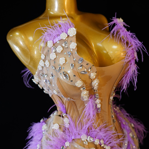 Mini-robe de scène professionnelle lavande ornée de plumes et de cristaux, style corset à baleines, décolleté plongeant en V, dos en maille transparente à lacets, pour spectacle de showgirl - Product Image 6