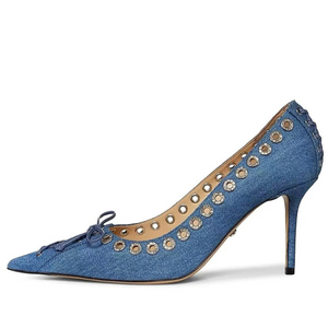 Chaussures à talons hauts pour femme, grande taille 45, en jean chic, style stiletto, à lacets sur le devant, avec nœud, bout pointu, décorées de trous métalliques - Product Image 1