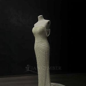 Vestido de Novia Sirena Moderno NT40 con Encaje Largo, Flores, Cristales, Apliques de Perlas de Lujo y Cuello Barco, Ajustado para Fiesta - Product Image 4