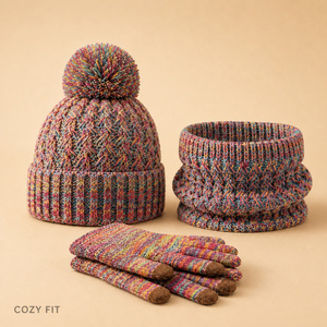 Ensemble bonnet et gants longs en tricot multicolores pour adultes, 100% acrylique, chauds, compatibles avec les écrans tactiles, pour l'hiver - Product Image 5