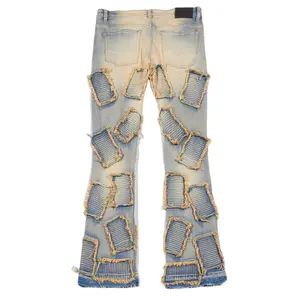 Özel erkekler Vintage Denim Hip Hop yıkanmış işlemeli sıkıntılı pantolon Flare yığılmış kot