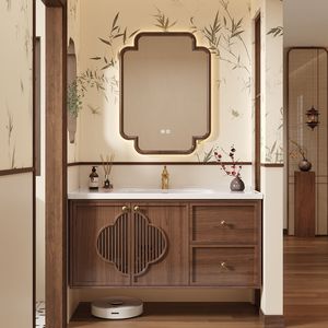 Meuble-lavabo de salle de bain de luxe en bois massif laqué de style chinois avec miroir intelligent 90 cm et lavabo en céramique intégré résistant à l'eau - Product Image 2