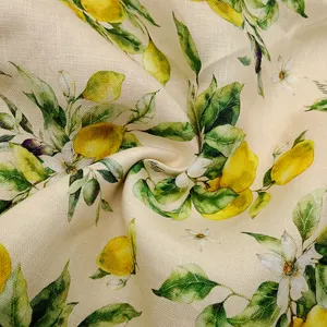 Tecido de linho liso para vestidos de roupas, tecido 100% puro e respirável com estampa floral digital