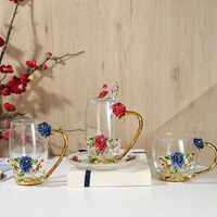 Ensemble de tasses à café et à thé en verre cristal de luxe créatif, cuillère, fait main, soufflé à la bouche, art moderne, design coloré transparent bleu rose