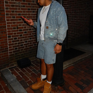 <span class=keywords><strong>Felpa</strong></span> da Uomo <span class=keywords><strong>con</strong></span> Cappuccio e <span class=keywords><strong>Zip</strong></span> in Denim Personalizzabile Stile Streetwear <span class=keywords><strong>Oversize</strong></span> <span class=keywords><strong>con</strong></span> Strass su Tutta la Superficie - Product Image 4