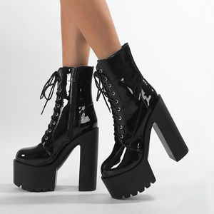 Bottes courtes XSD pour femme en cuir verni noir, nouveau style, bout carré, talons hauts brillants, fermeture éclair, tendance automne - Product Image 1