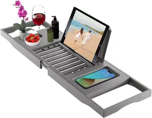 Bambus Badewanne Tablett Caddy-Erweiterbare Holz Bad Tablett-Verstellbare Badezimmer Tablett für Badewanne-Luxus Bad Caddy Badewanne Tisch