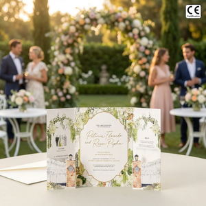 Carte d'invitation de mariage de luxe, texture aquarelle vert crème, carte à trois volets, bordure dorée, impression numérique personnalisée - Product Image 2