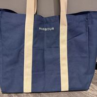 Bolsa de Compras Reutilizable Azul Ecológica Grande con Logotipo Personalizado, Cierre Interior con Cremallera, Patrón de Letras, Cuerda de Algodón