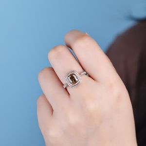 Anillos de Mujer Clásicos de Oro Blanco Sólido de 14K con Corte Esmeralda y Color Marrón Fantasía, Chapados en Platino, para Uso Diario, Compromiso y Boda - Product Image 2