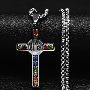 St.Benedict <b>Cross</b> Necklace for Men Hip Hop Colored Zircon Jewelry Silver Gold Waterproof Stainless Steel Necklaces - Product Image 6