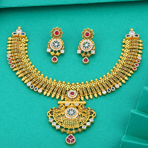 Luxury gold <b>necklace</b> set with floral design red green stones matching earrings traditional bridal <b>statement</b> jewelry - Product Image 1