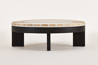 Table basse ronde minimaliste moderne en chêne recyclé, dessus de table en ciment avec pieds en bois
