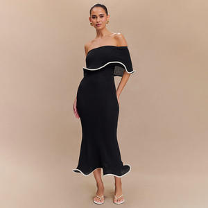 <span class=keywords><strong>Robe</strong></span> midi formelle décontractée élégante pour femmes, <span class=keywords><strong>bustier</strong></span> sans bretelles à volants et épaules dénudées, <span class=keywords><strong>robe</strong></span> longue de soirée <span class=keywords><strong>noire</strong></span> - Product Image 5