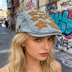 Nouveau Béret Femme en Denim Délavé Brodé Étoile, Tissu Respirant, Élégant et Polyvalent, Effet Amincissant sur le Visage - Product Image 5