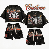 Ensemble de survêtement personnalisé pour homme : T-shirt ample en coton délavé style vintage avec strass et short – Vente en gros
