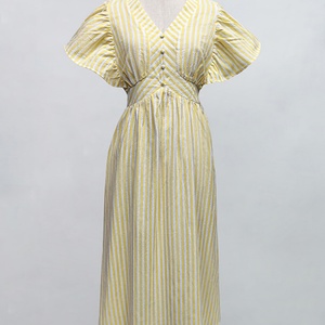 Robes pour femmes de haute qualité personnalisées OEM/ODM, mode simple, couleur unie, rayées, manches bouffantes, robes midi décontractées - Product Image 3