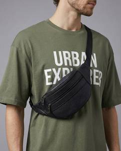 Sac banane unisexe noir en cuir véritable léger à motif géométrique avec fermeture éclair, très résistant, taille unique pour usage quotidien - Product Image 6