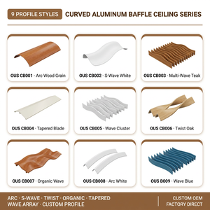 Decoración de Interiores de Oficina, Panel de <span class=keywords><strong>Techo</strong></span> Curvo de Aluminio con Acabado de <span class=keywords><strong>Madera</strong></span> Lineal, Resistente al Fuego y a la Humedad - Product Image 2