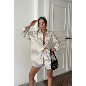 Conjunto de Camisa y Pantalones Cortos a Rayas de Popelina Beige para Mujer, Talla S - Product Image 6