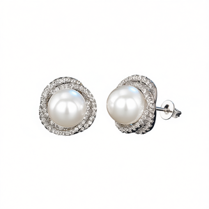 Pendientes de Perlas de Oro Blanco E2316, Diseño Clásico de Flor, Engaste en Bisel, Joyería de Moda para Mujer, para Bodas - Product Image 1