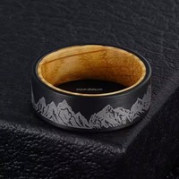 POYA 8mm Noir Plat Forêt Montagne Tungstène Hommes Anneau Whisky Baril Bois Incrustation Alliance Classique Cadeau De Fiançailles pour Hommes