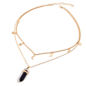 Collar con colgante de amatista de cristal de péndulo Hexagonal de piedra Natural, collar de cadena con capas de estrella y Luna para mujer - Product Image 2