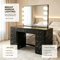 Table de toilette moderne de luxe, commode noire brillante avec quincaillerie dorée et rangement éclairé par LED