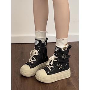Baskets montantes décontractées en toile noires polyvalentes à plateforme pour femmes, Nouvelle collection Printemps-Automne 2026 - Product Image 4