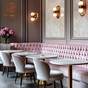 Juego de Muebles de Lujo para Restaurante, Mesas Redondas de Mármol con Taburetes de Terciopelo Gris, Sillas de Cafetería, Sofá Rosa con Mechones para Cafetería - Product Image 1