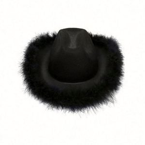 Chapeaux de cowgirl de style occidental pour femmes et filles, chapeau Fedora à bord roulé, bordure en plumes, rose, chapeaux de cowgirl - Product Image 6