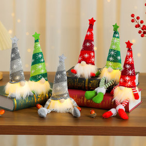 Christmas decorative striped <b>snowflake</b> knitted five-pointed star hat with <b>light</b>-up hanging leg doll ornament gift - Product Image 2